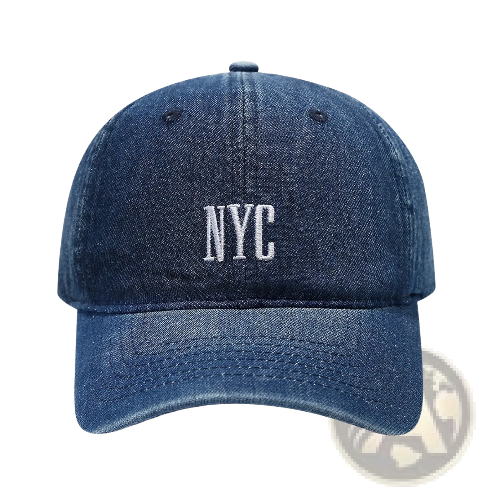 Denim blue baseball cap with white embroidered nyc lettering featuring retro letter embroidery design