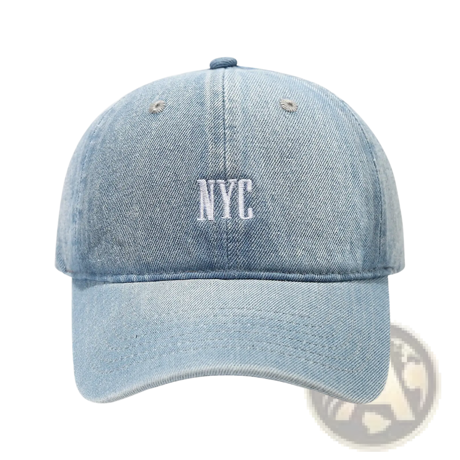 Light blue denim baseball cap with white embroidered nyc lettering in retro letter embroidery style