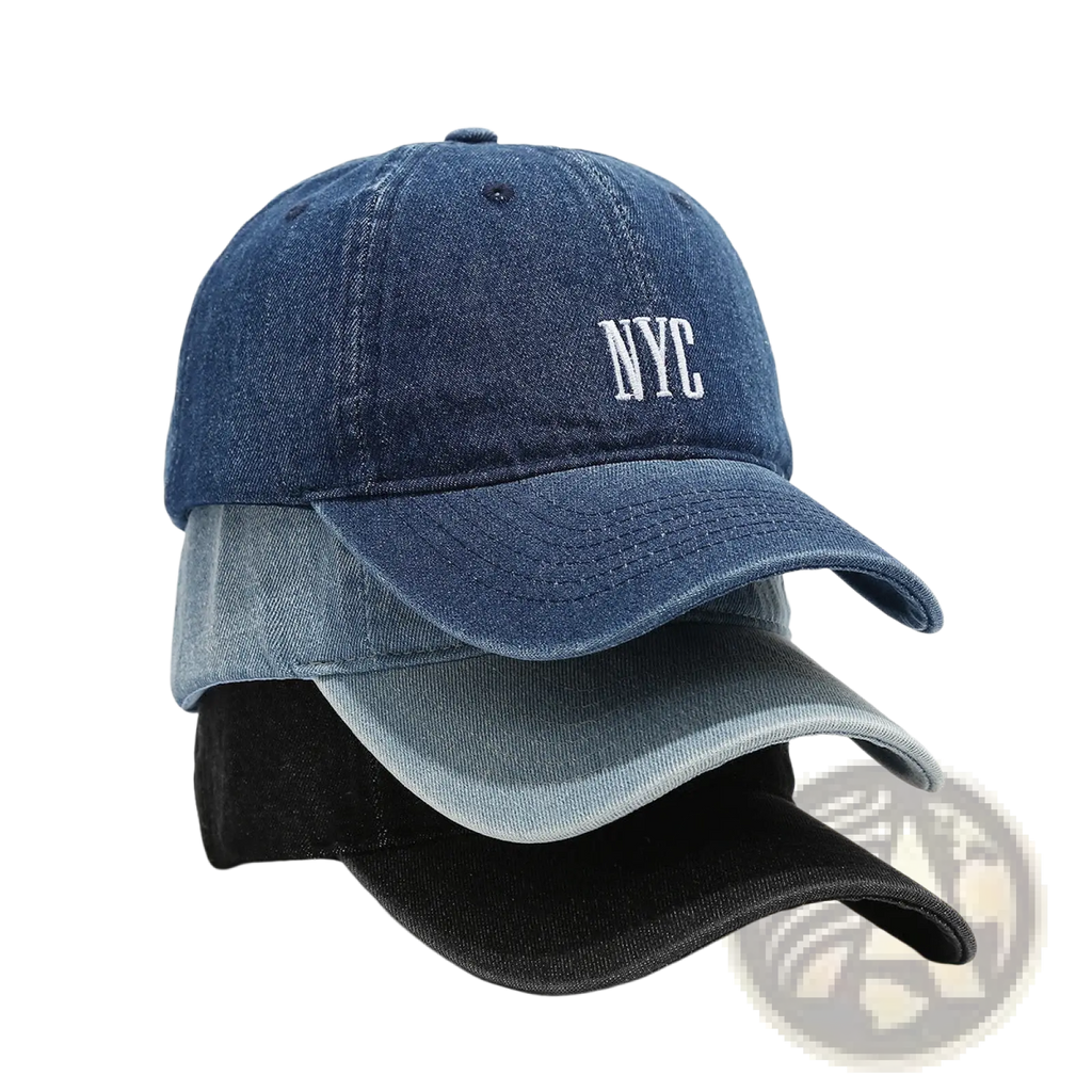 Denim baseball cap with white nyc embroidery on the front in a retro letter style
