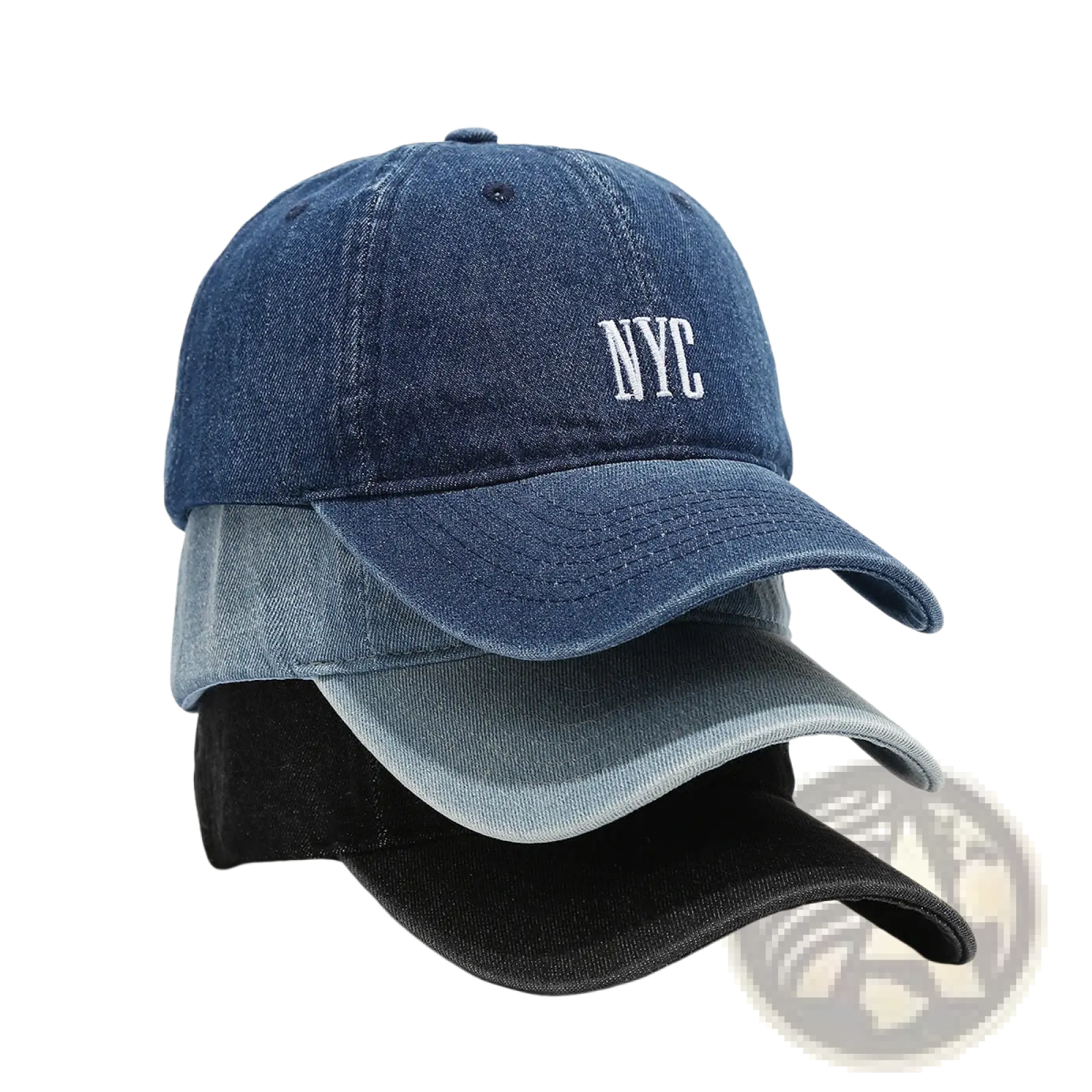 Denim baseball cap with white nyc embroidery on the front in a retro letter style