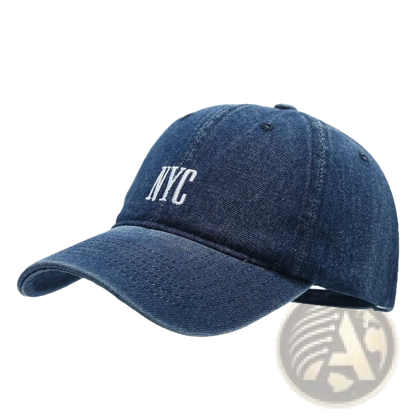 A navy blue denim baseball cap with white embroidered nyc lettering in retro letter embroidery style
