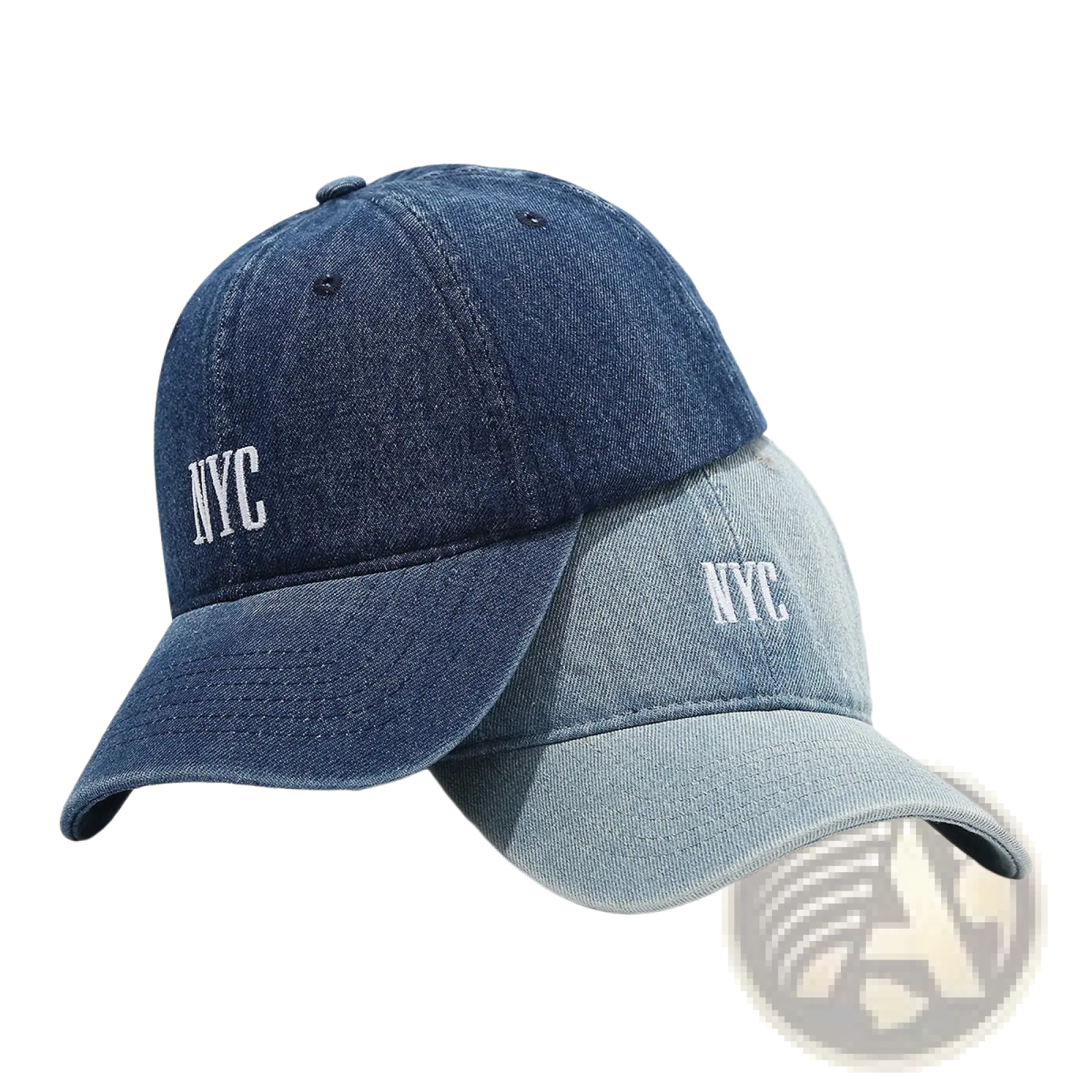 A pair of nyc denim baseball caps in deep blue and light gray-blue featuring retro white letter embroidery on front