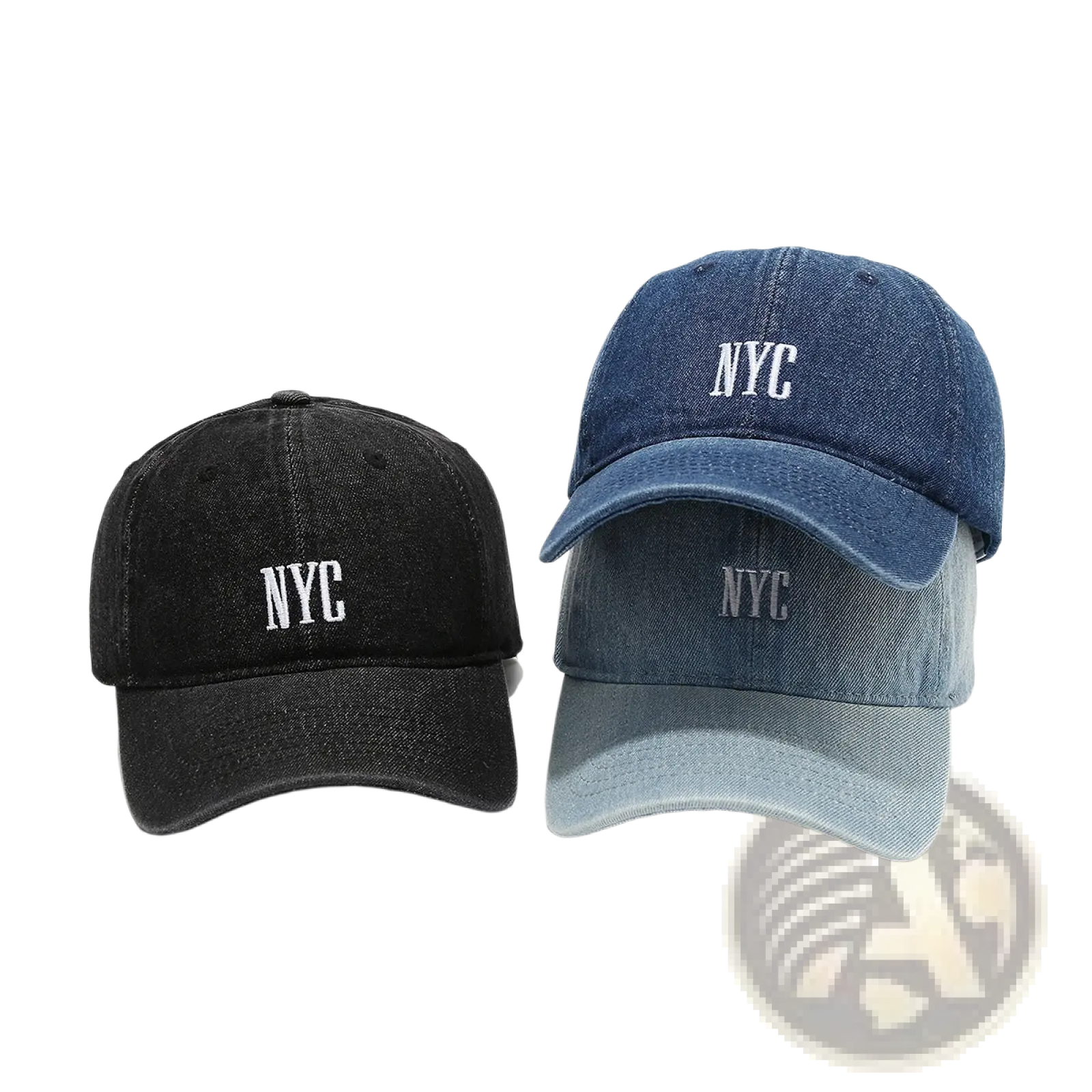 Two denim baseball caps in black and blue with faded gradient effect and white embroidered nyc lettering