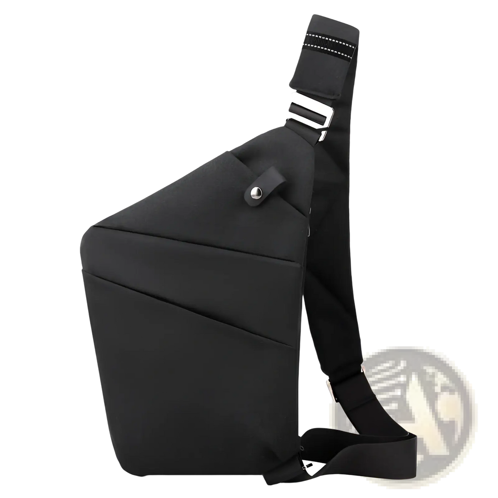 Black nylon crossbody bag with anti radiation lining sleek minimalist design and silver toned metal hardware