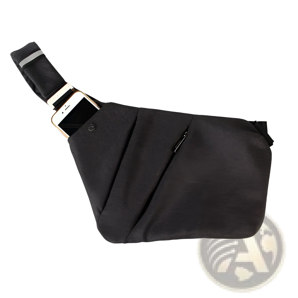 Black nylon crossbody bag with anti radiation lining featuring a textured fabric and adjustable strap in minimalist design