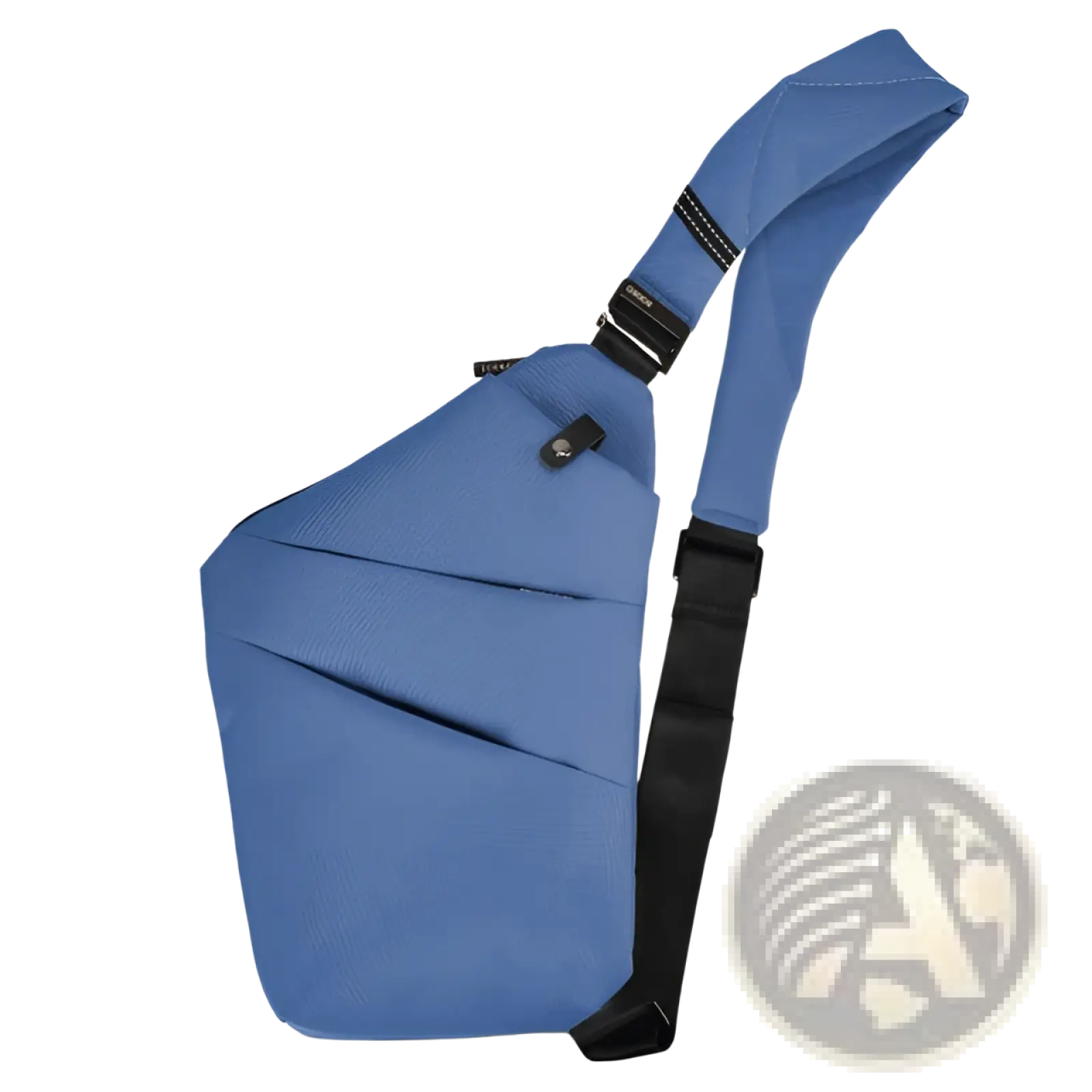 Blue textured nylon crossbody bag with anti radiation lining, black adjustable strap, and zipper closure