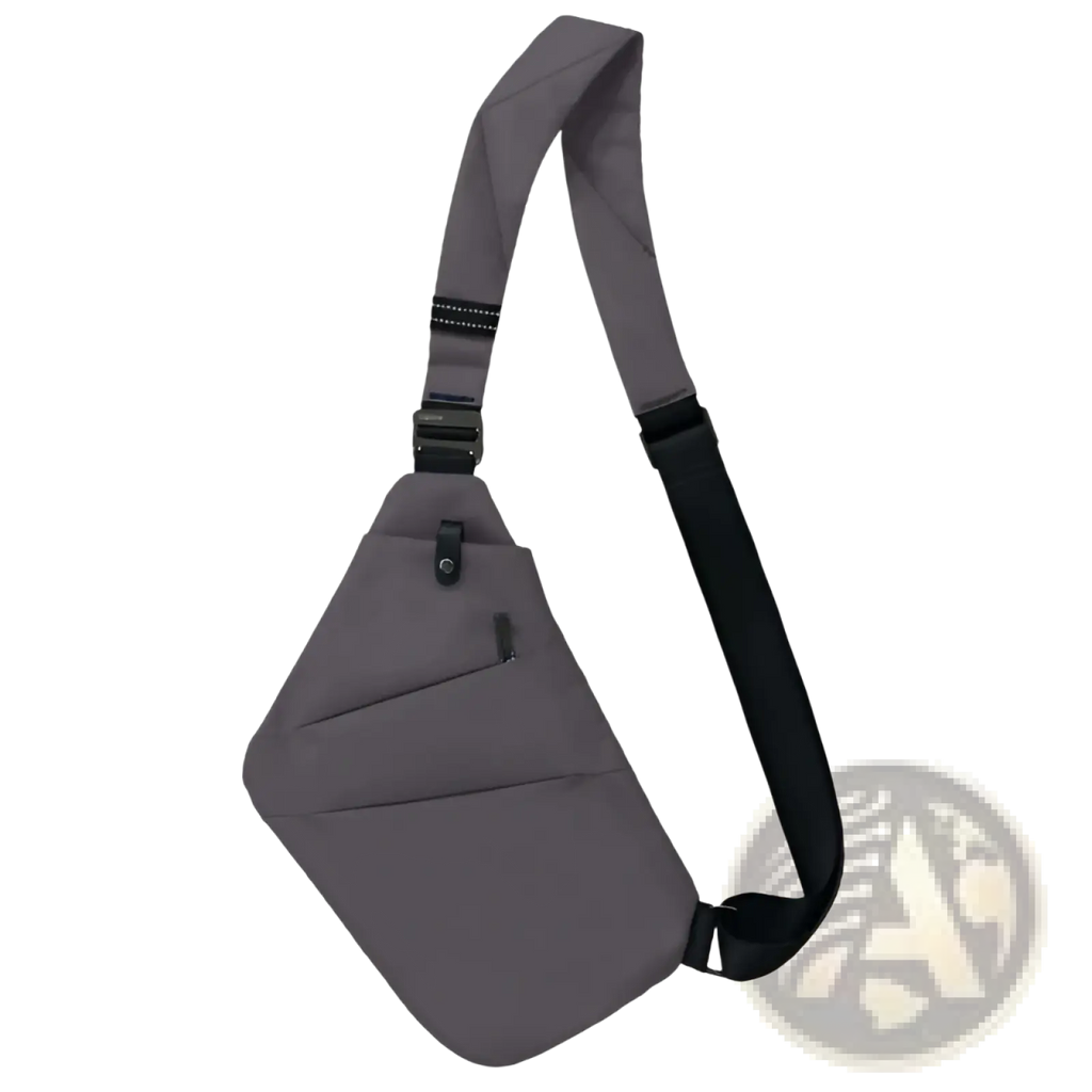 Gray nylon crossbody bag with black strap and zipper details featuring anti radiation lining for secure use