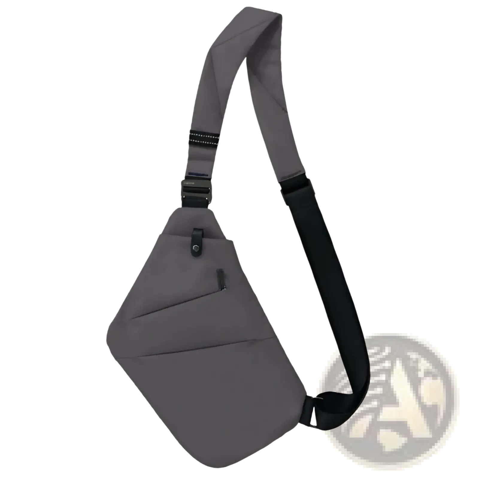Gray nylon crossbody bag with black strap and zipper details featuring anti radiation lining for secure use