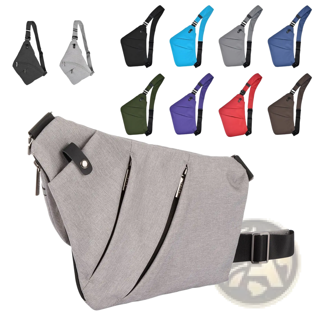 Gray nylon crossbody bag with anti radiation lining textured fabric black zippers and adjustable strap