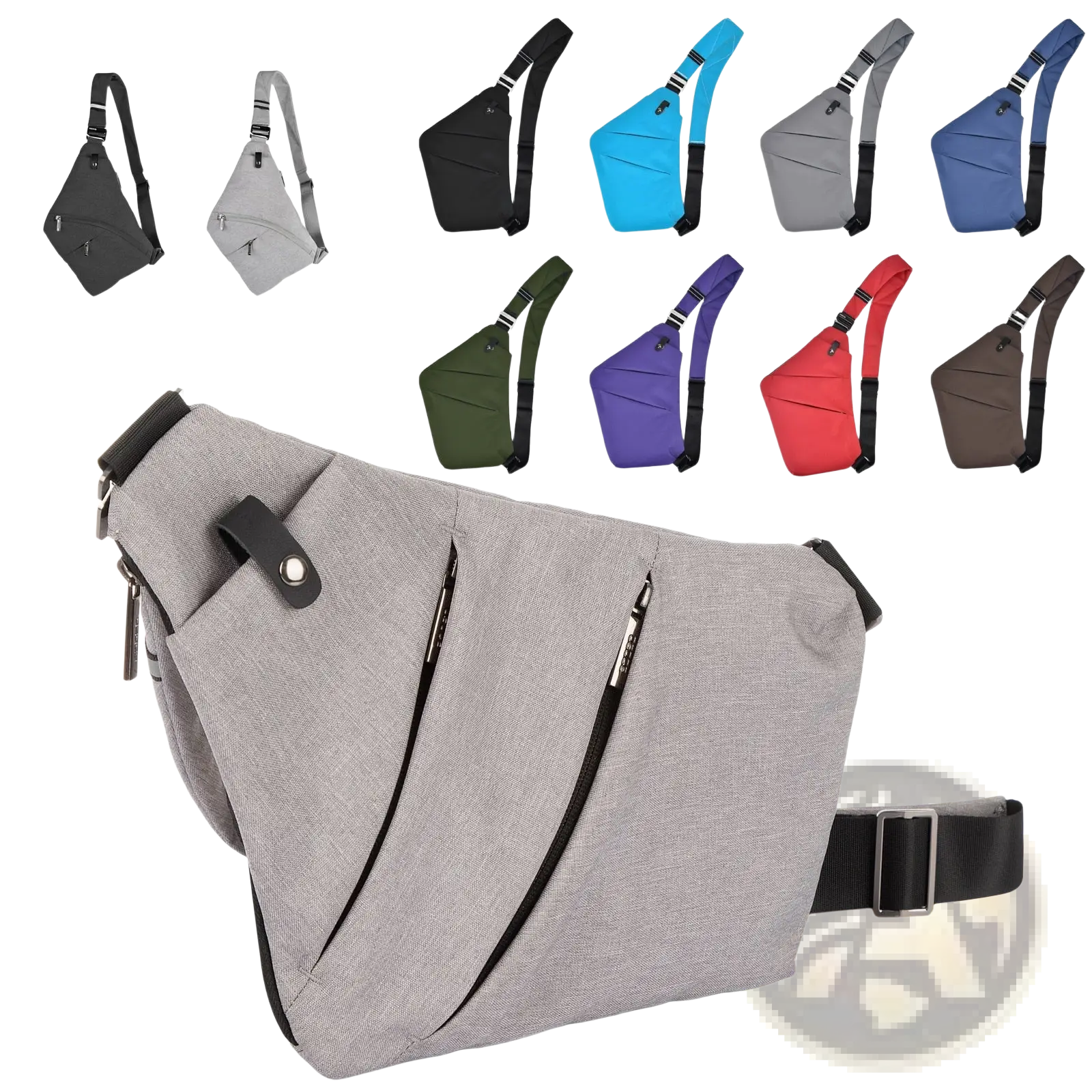 Gray nylon crossbody bag with anti radiation lining textured fabric black zippers and adjustable strap