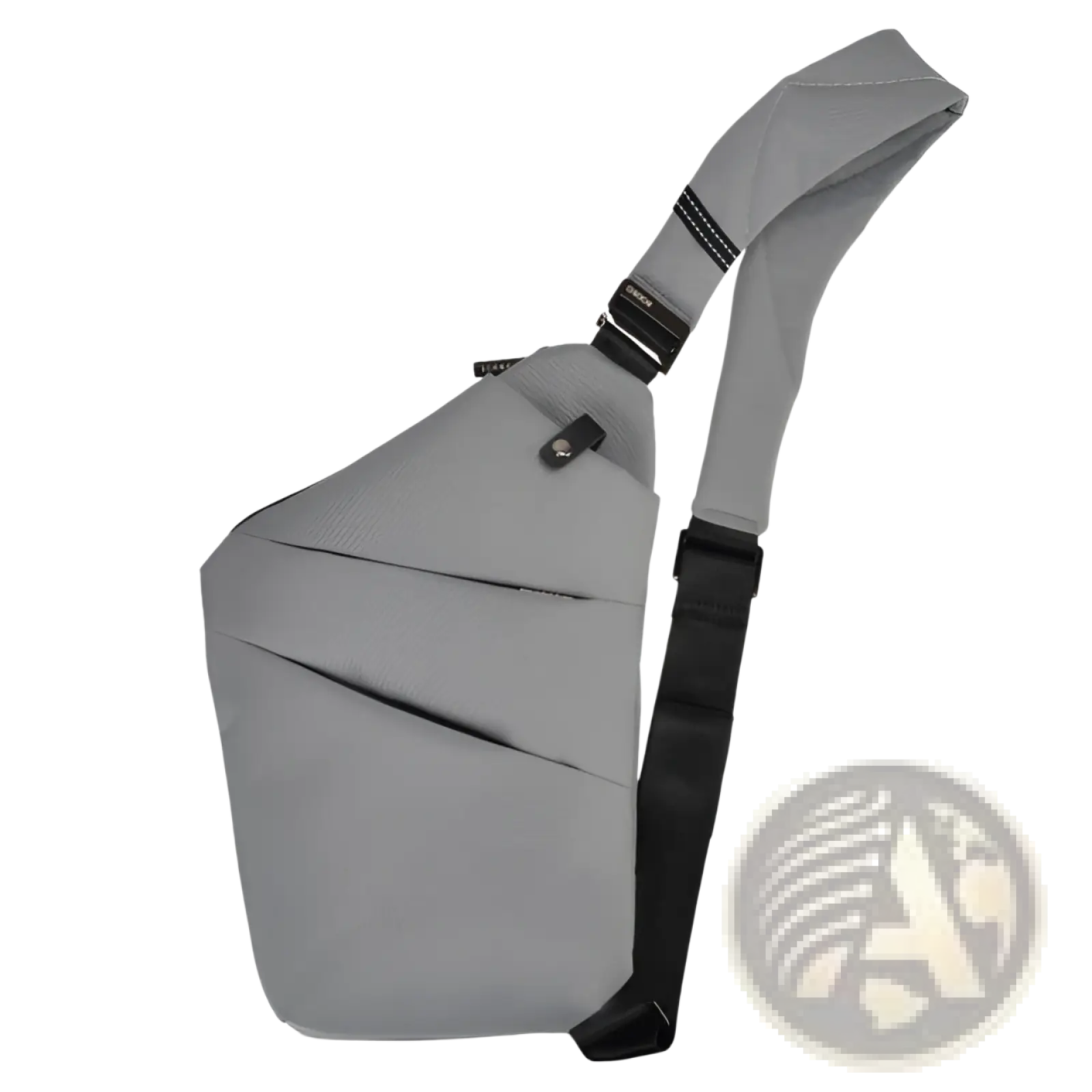 Gray nylon crossbody bag with textured surface black adjustable strap and zipper details featuring anti radiation lining