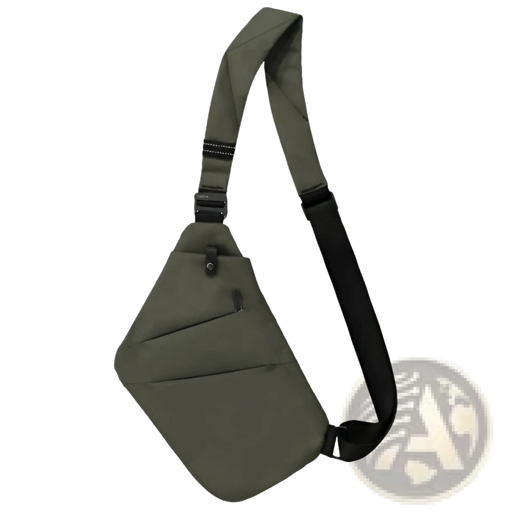 Olive green nylon crossbody bag with anti radiation lining black adjustable strap and buckle for comfortable wear