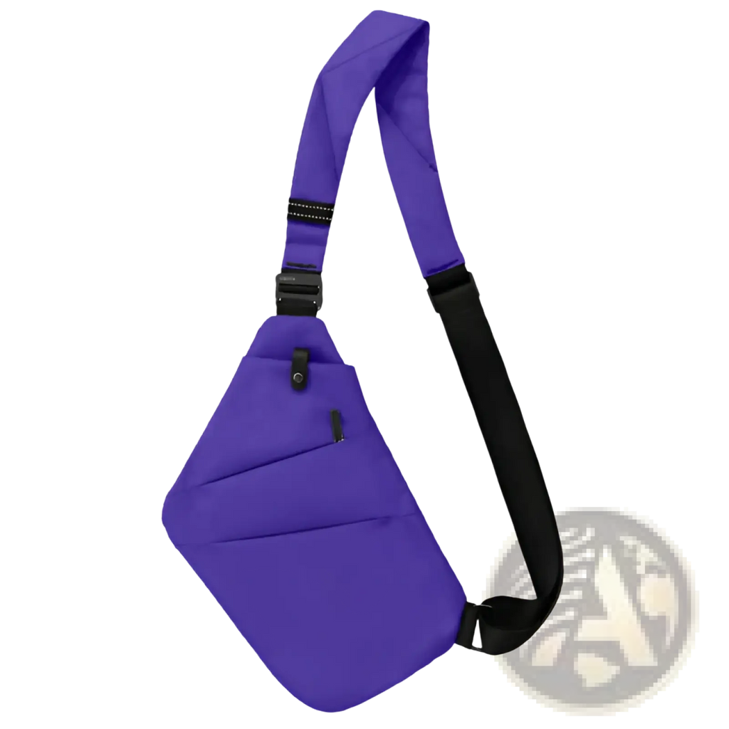 Purple nylon crossbody bag with anti radiation lining featuring black adjustable strap and zipper pockets