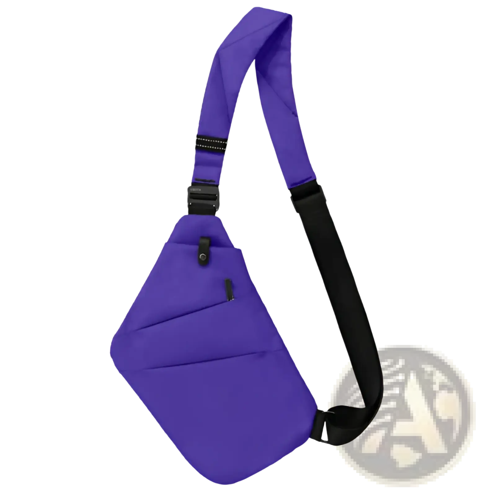 Purple nylon crossbody bag with anti radiation lining featuring black adjustable strap and zipper pockets