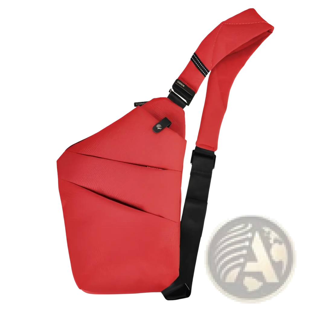 Red nylon crossbody bag with anti radiation lining black adjustable strap and zipper closure for secure use