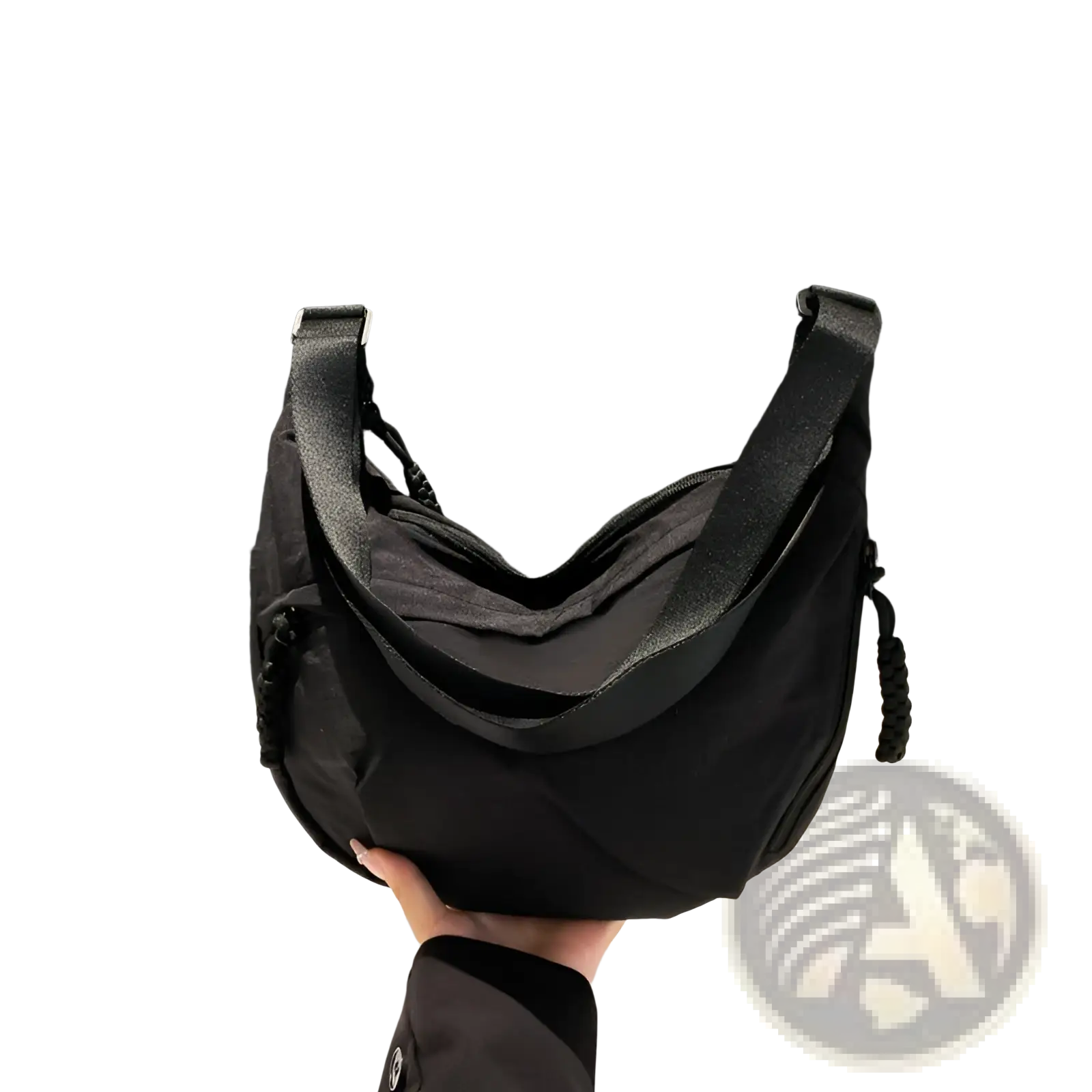 Black nylon crossbody bag with large capacity sleek curved design and braided strap accents for shoulder use
