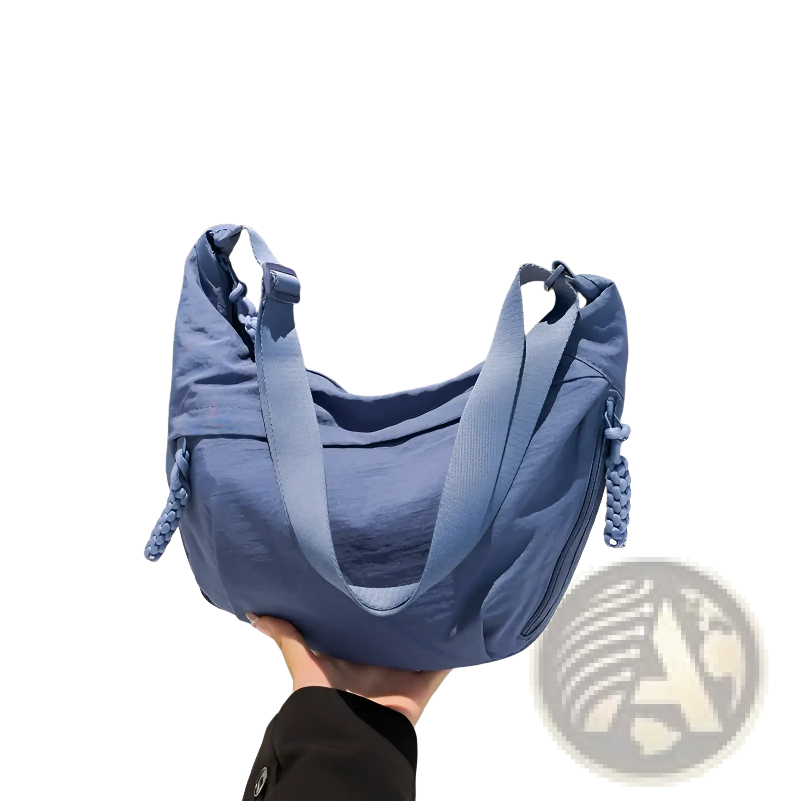 A soft blue nylon crossbody bag with braided strap details and large capacity hobo shoulder design