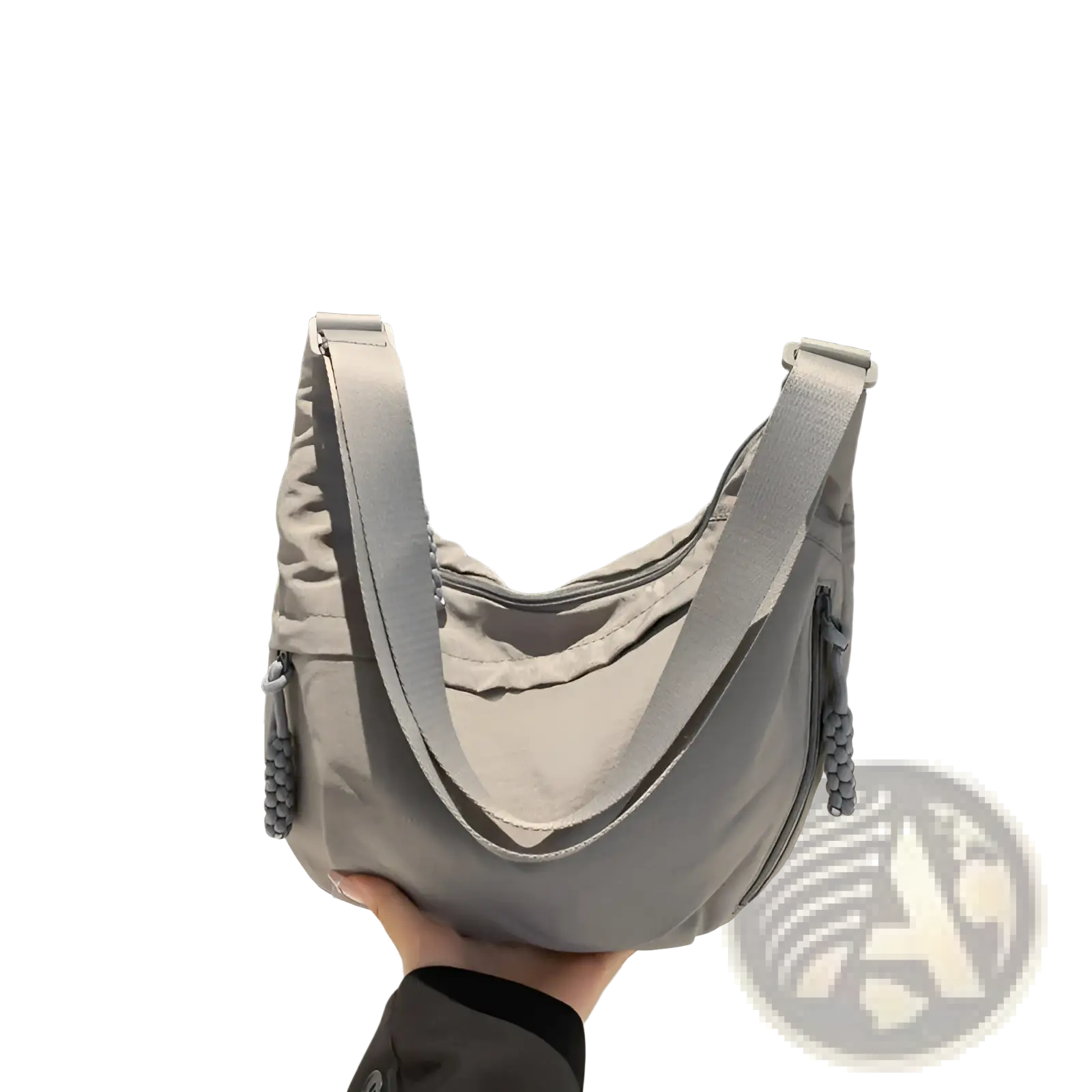 Gray nylon crossbody bag with large capacity and braided tassel details on the shoulder straps