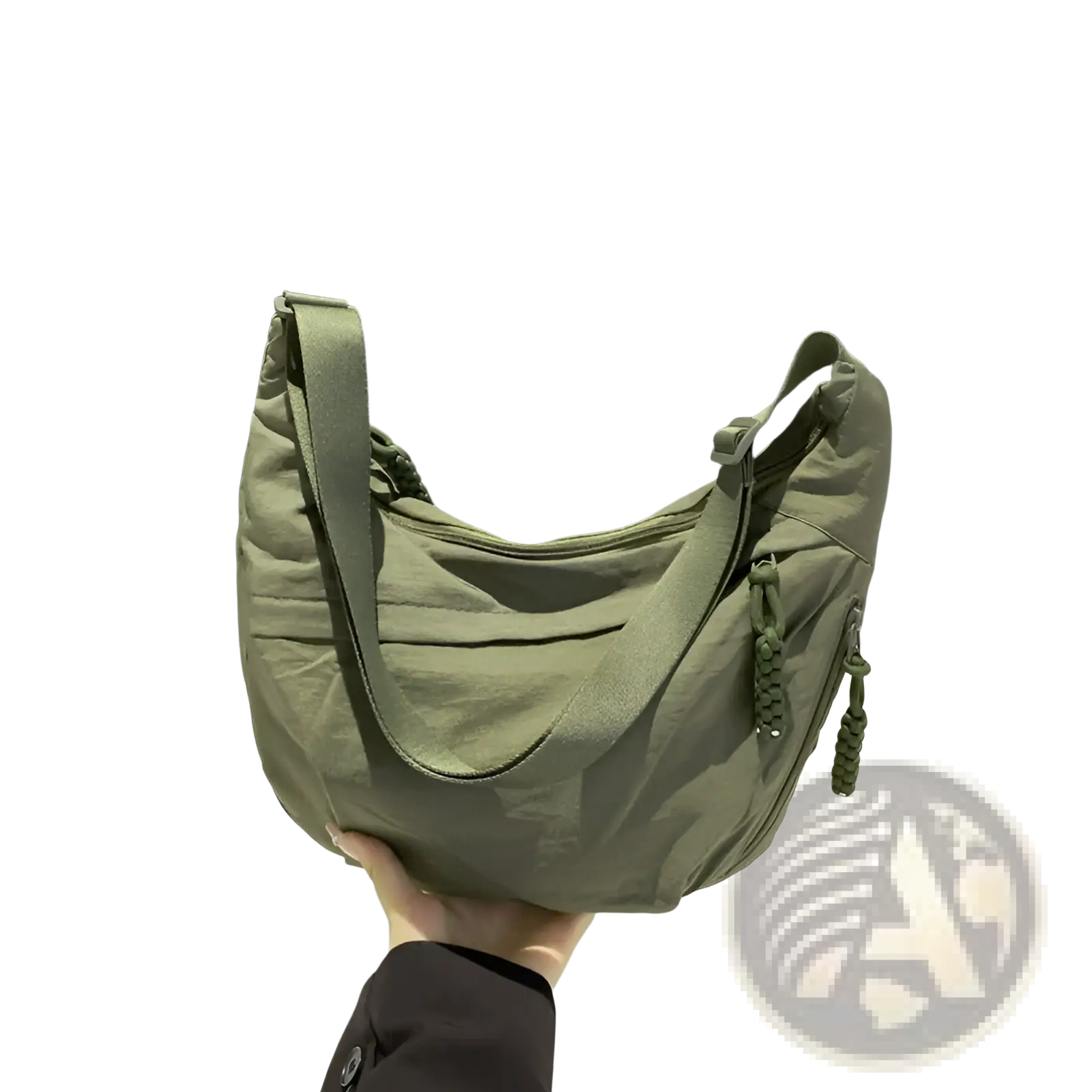 Olive green canvas nylon crossbody bag with braided zipper pulls and adjustable shoulder strap for large capacity use