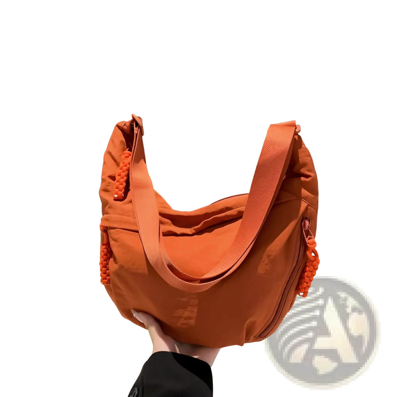 Orange nylon crossbody bag with large capacity canvas body and braided orange bead accents on shoulder straps