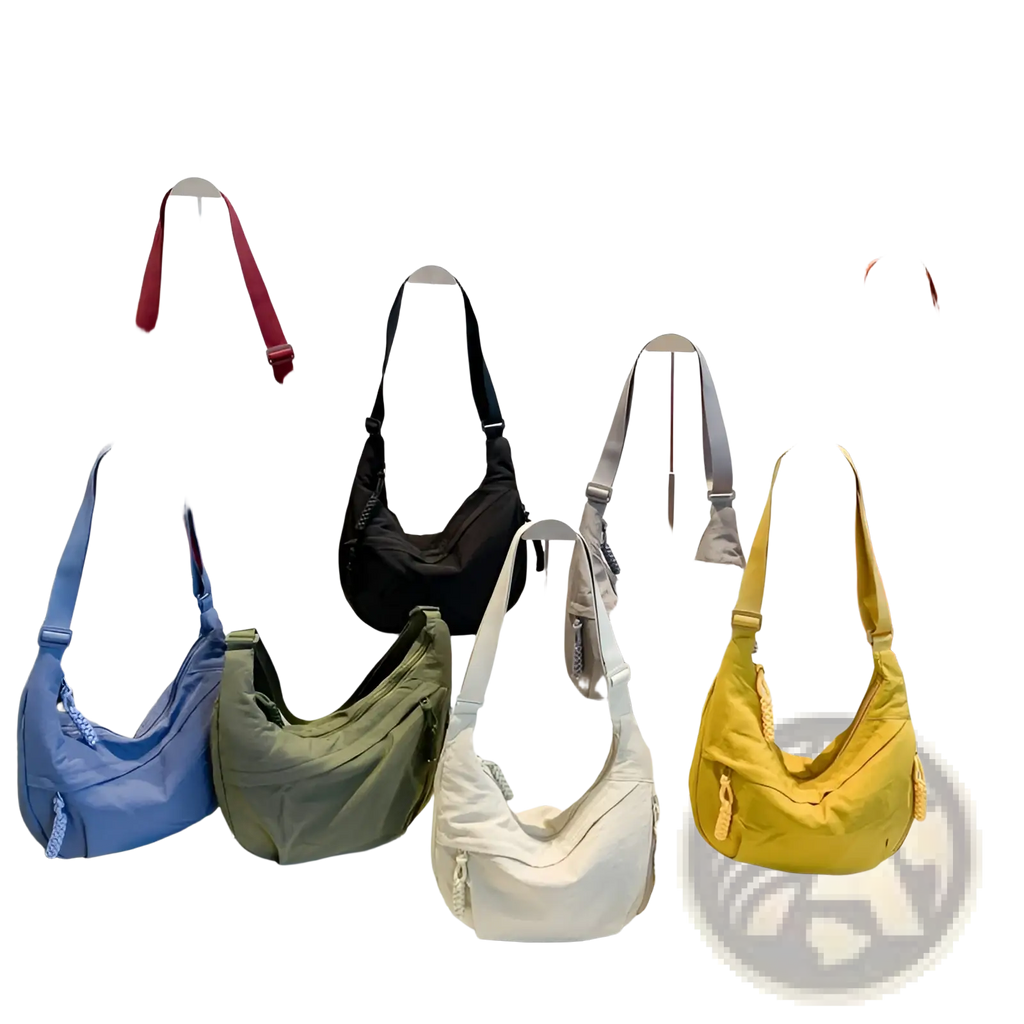 A collection of colorful nylon crossbody hobo bags with large capacity in red, black, gray, orange, blue, olive green, and yellow