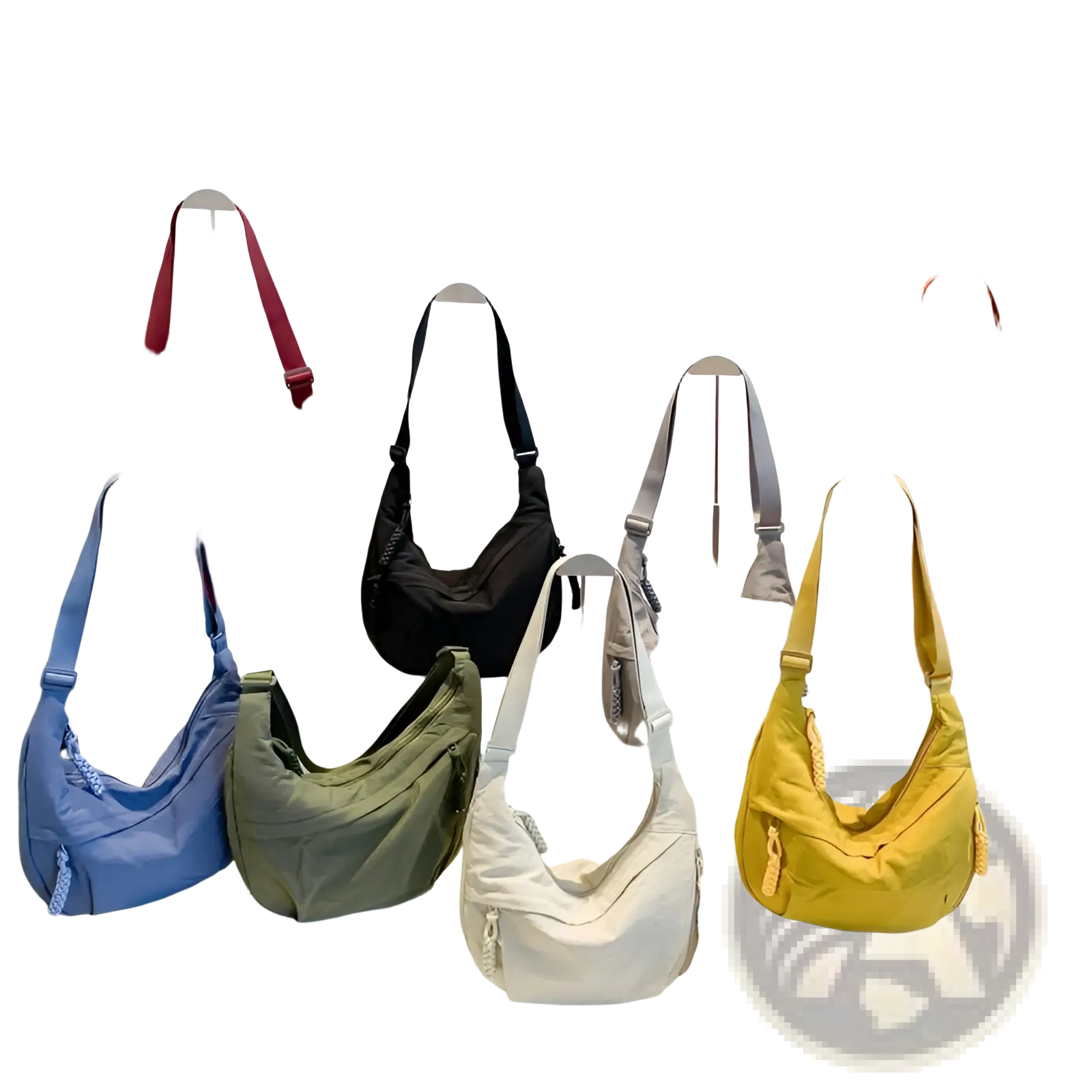 A collection of colorful nylon crossbody hobo bags with large capacity in red, black, gray, orange, blue, olive green, and yellow