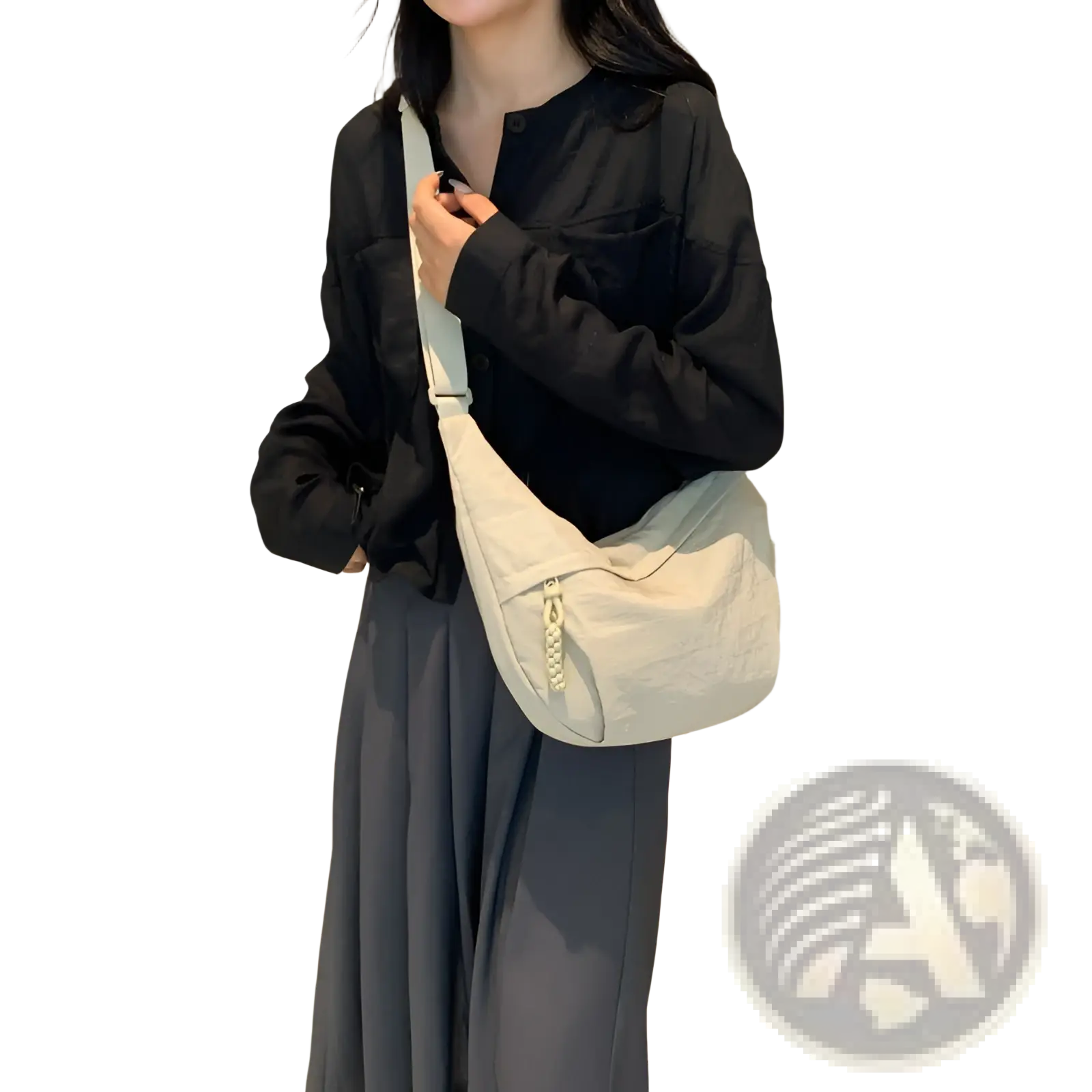 Cream-colored quilted nylon crossbody bag with large capacity, white strap, and gold-tone zipper pull for shoulder use