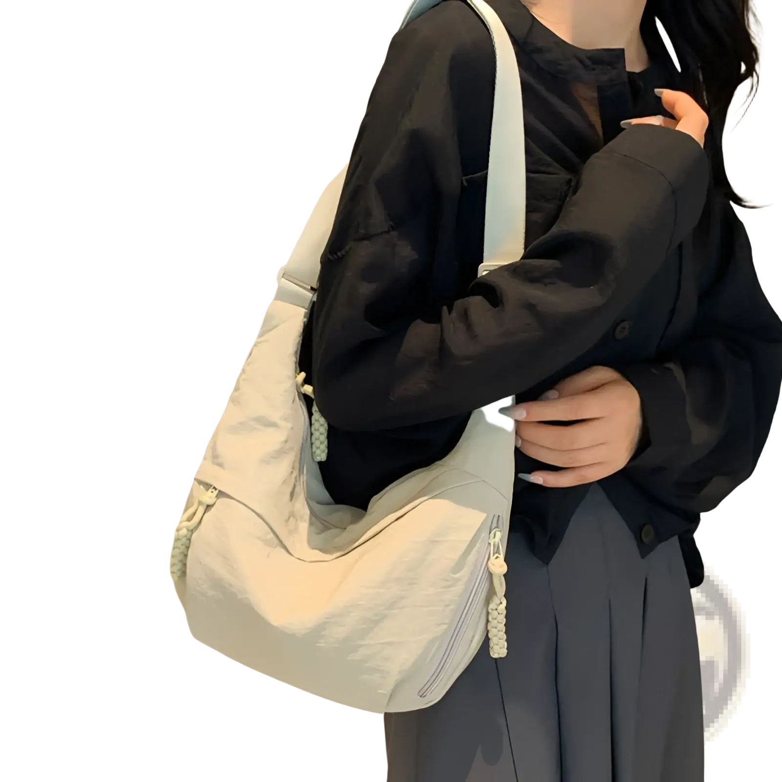Light gray nylon crossbody bag with braided zipper pulls and matching strap large capacity hobo shoulder bag