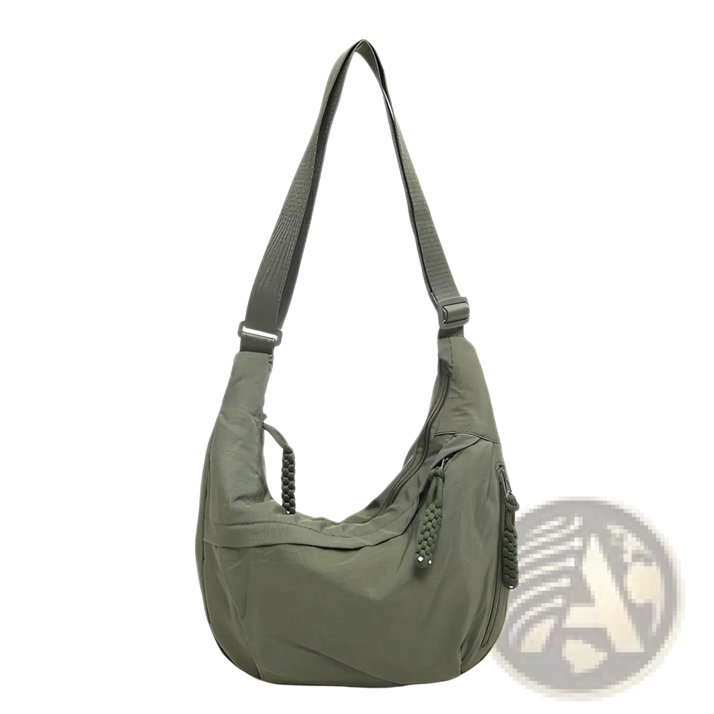 Olive green nylon crossbody bag with large capacity hobo design braided cord zipper pulls and adjustable shoulder strap