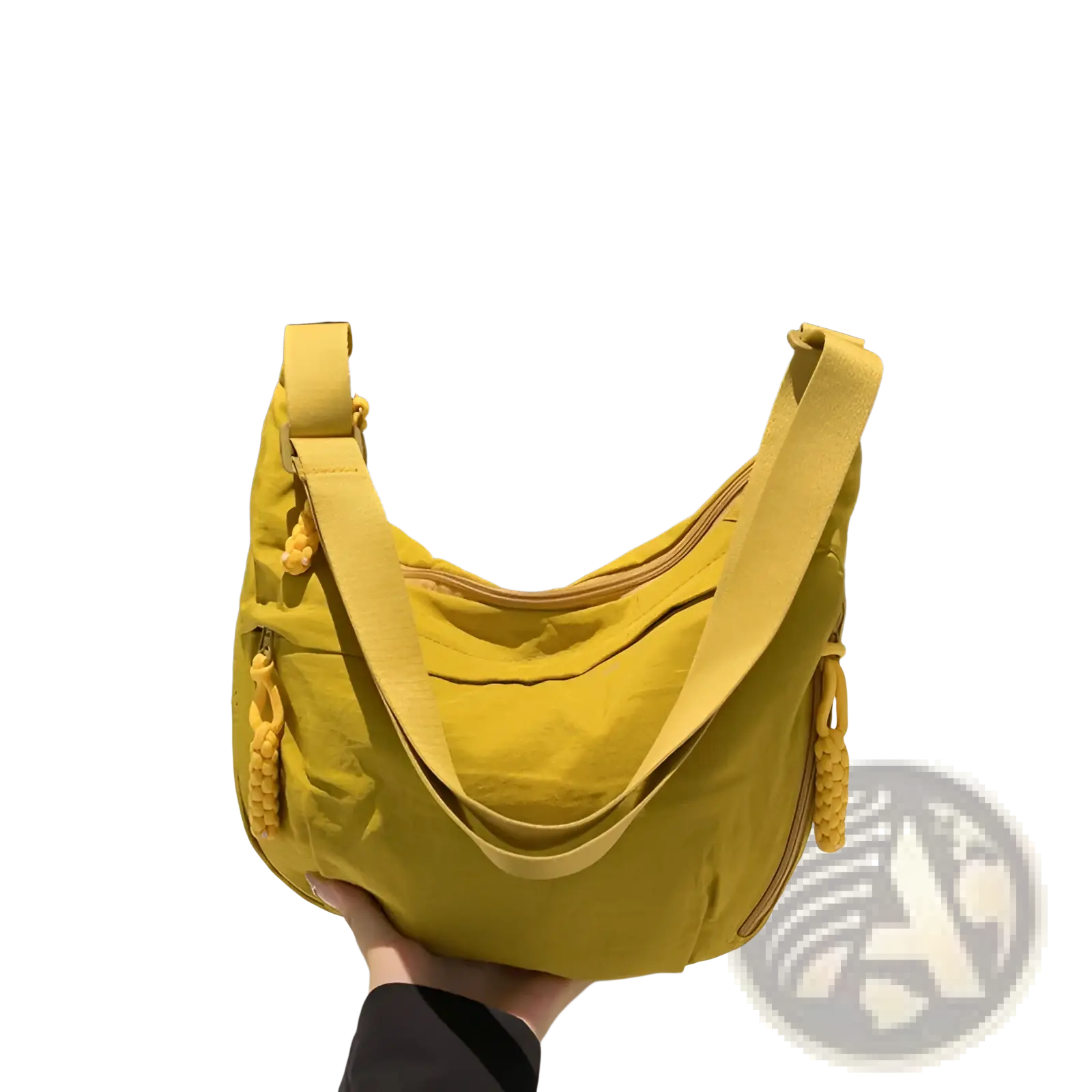 A vibrant yellow nylon crossbody bag with large capacity and braided tassel accents on shoulder straps