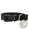 Black nylon dog collar with adjustable strap, black plastic buckle, and silver metal d-ring for pet neck safety
