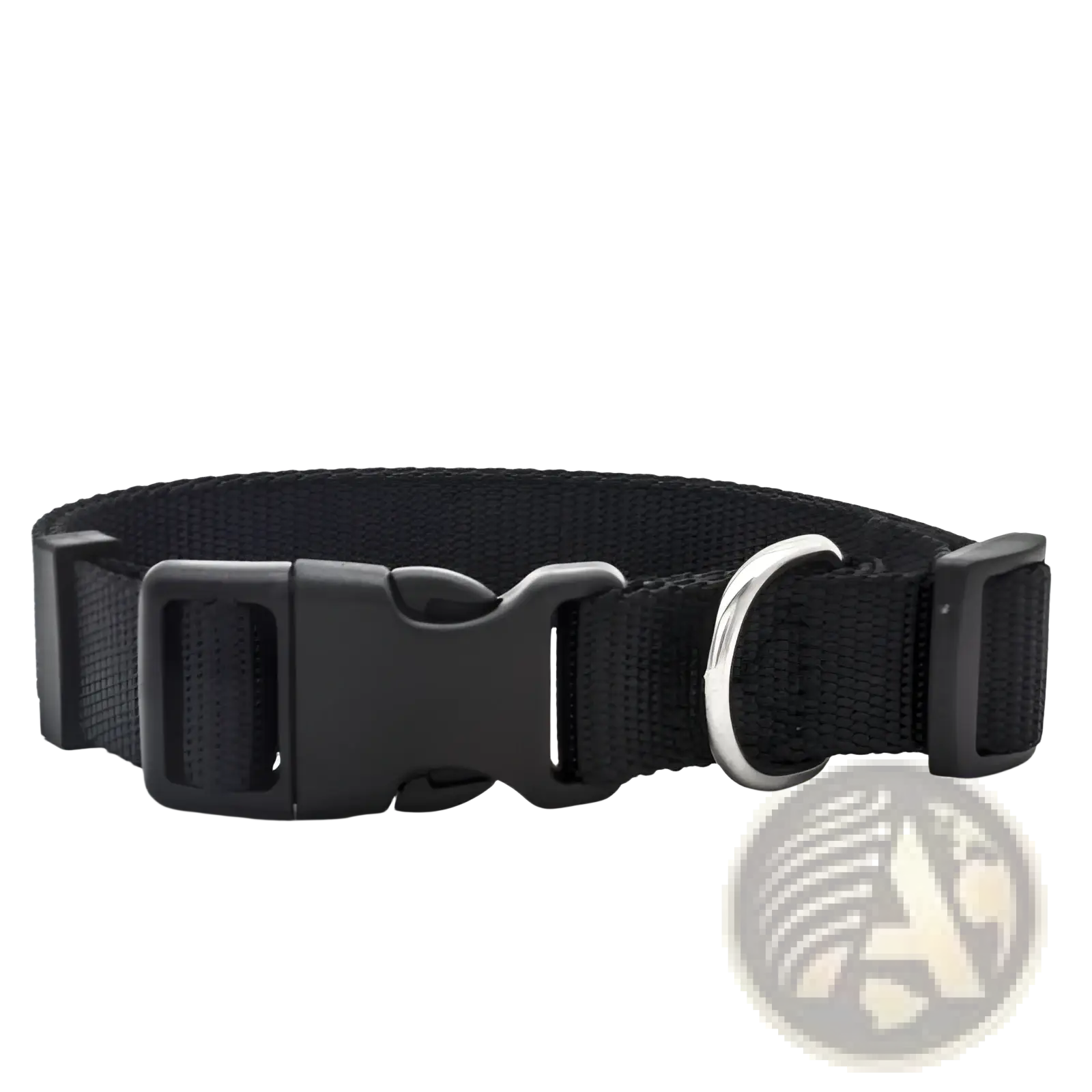 Black nylon dog collar with adjustable strap, black plastic buckle, and silver metal d-ring for pet neck safety