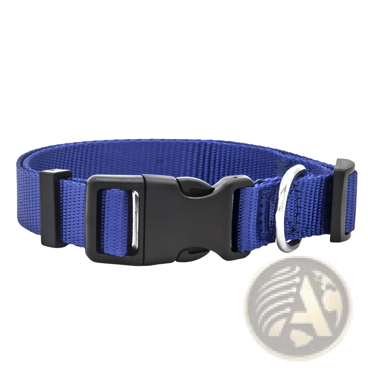 Royal blue nylon dog collar with adjustable black plastic buckle and silver metal d-ring for pet neck strap