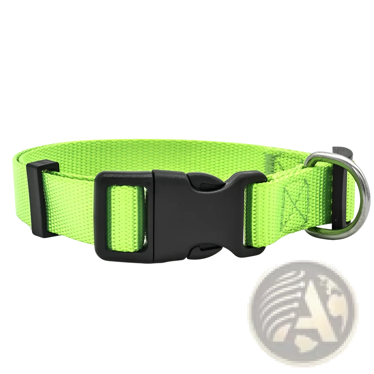 Bright neon green adjustable nylon dog collar with black plastic buckle and silver metal d-ring for pet use
