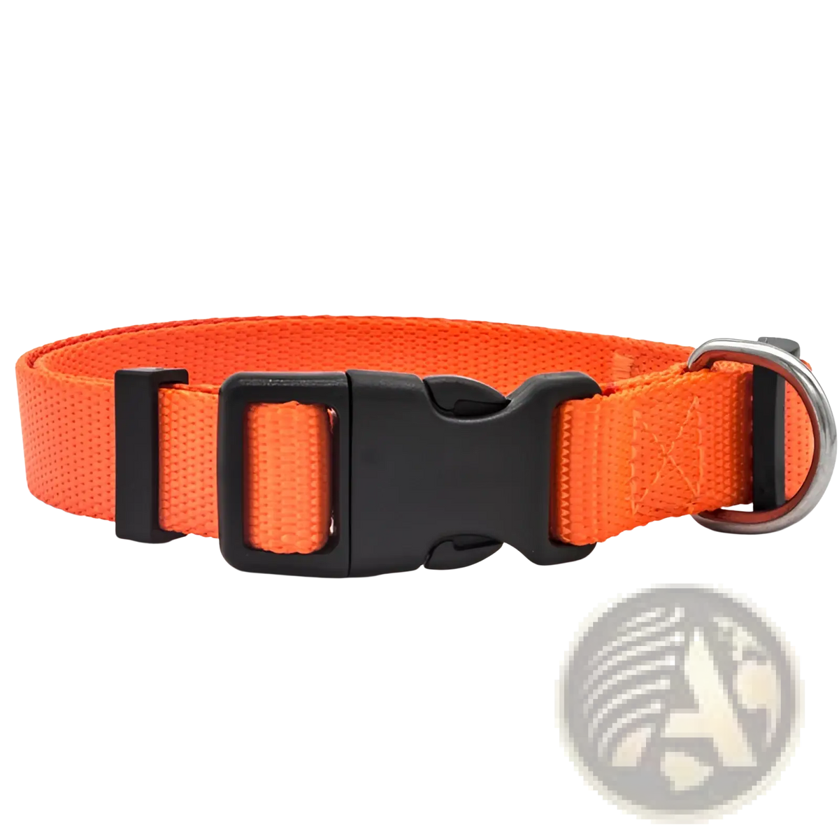 Bright orange adjustable nylon dog collar with black plastic buckle and silver metal d-ring for pet neck strap