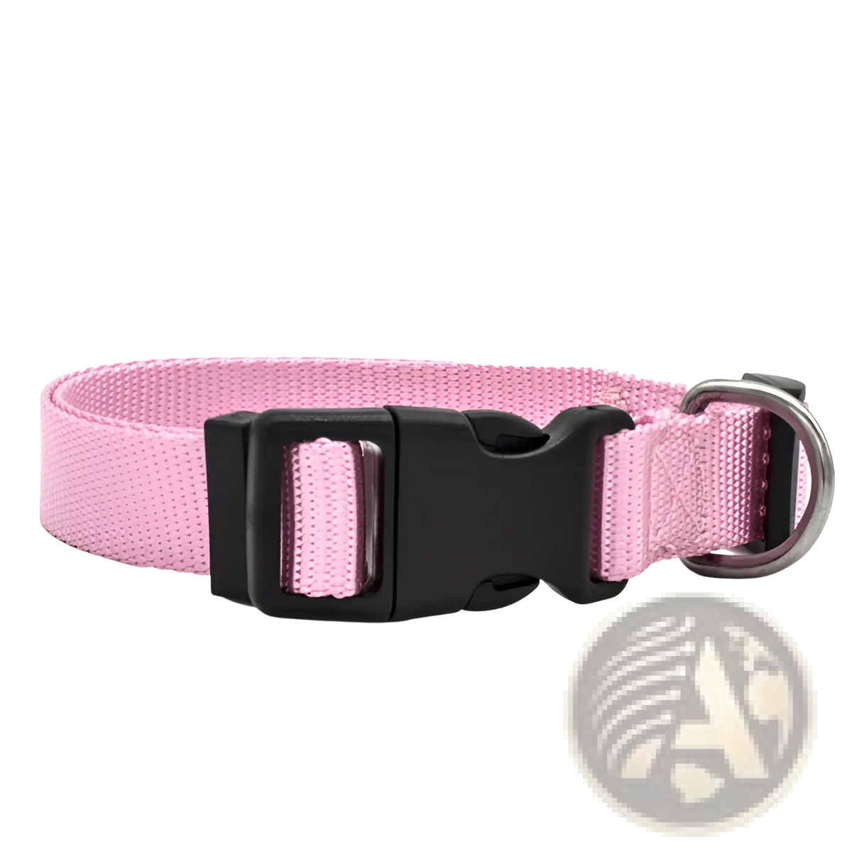 Adjustable pink nylon dog collar with black plastic buckle and silver metal d-ring for pet neck strap use