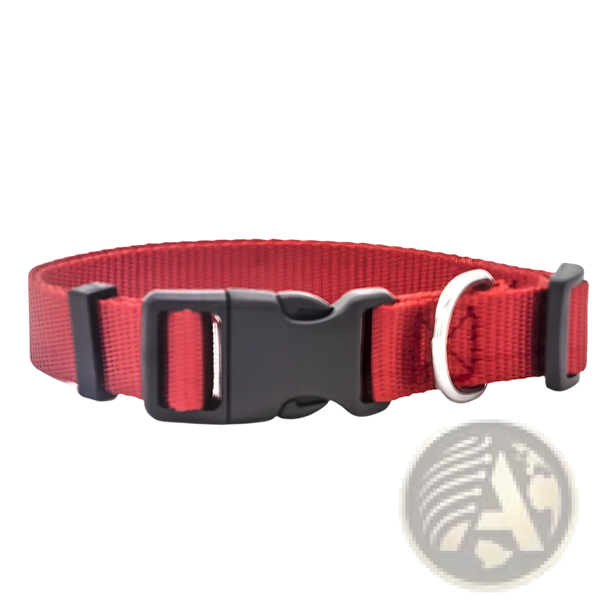 Red nylon adjustable dog collar with black plastic buckle and silver metal d-ring for pet neck strap