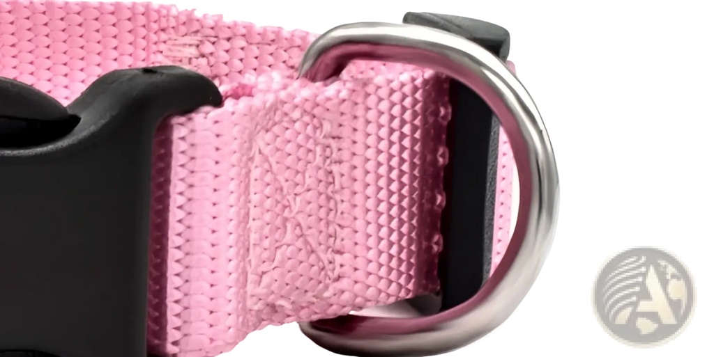 Pink woven nylon adjustable dog collar with black plastic buckle and silver metal d-ring for pet neck strap