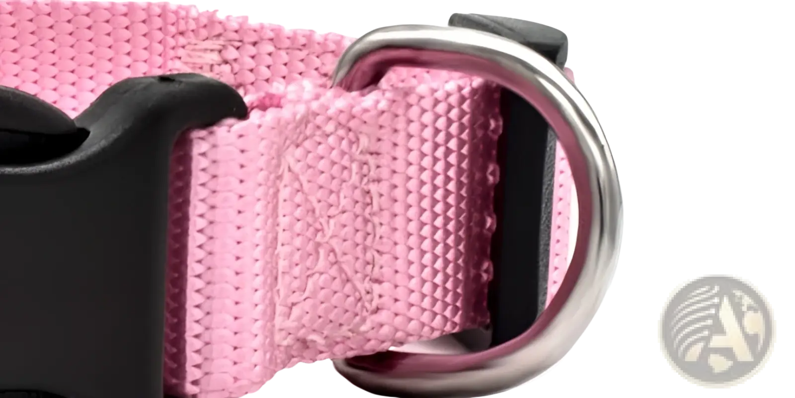 Pink woven nylon adjustable dog collar with black plastic buckle and silver metal d-ring for pet neck strap