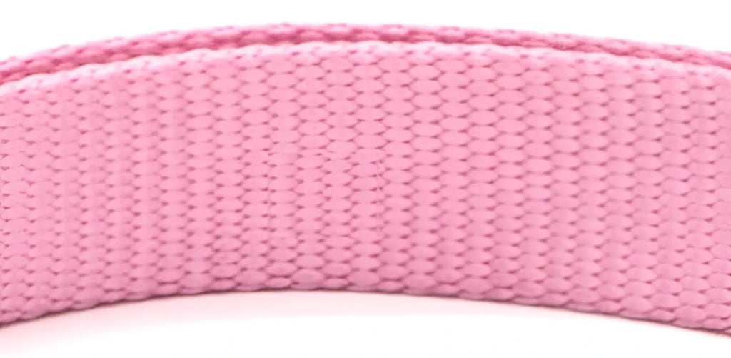 Pink woven nylon dog collar strap with adjustable textured interlaced pattern for pet neck safety and comfort