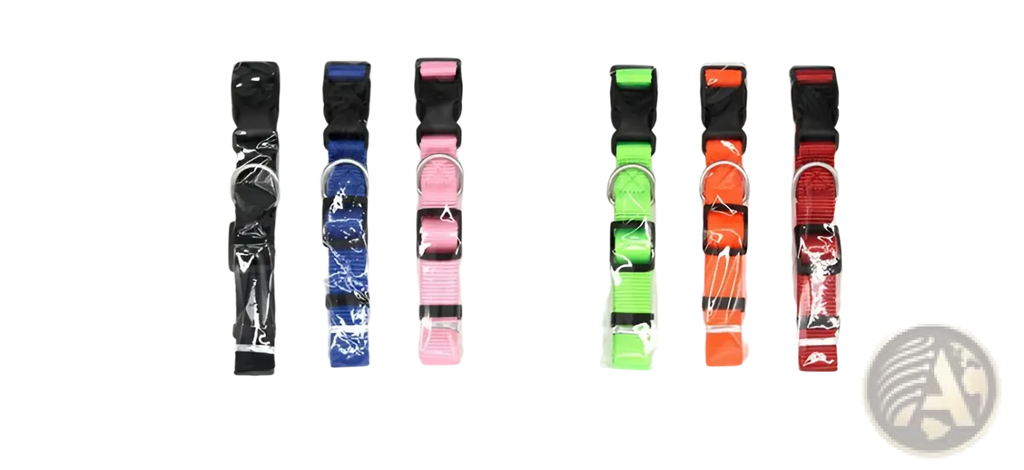 Six colorful adjustable nylon dog collars with plastic buckles and metal d-rings in clear plastic sleeves