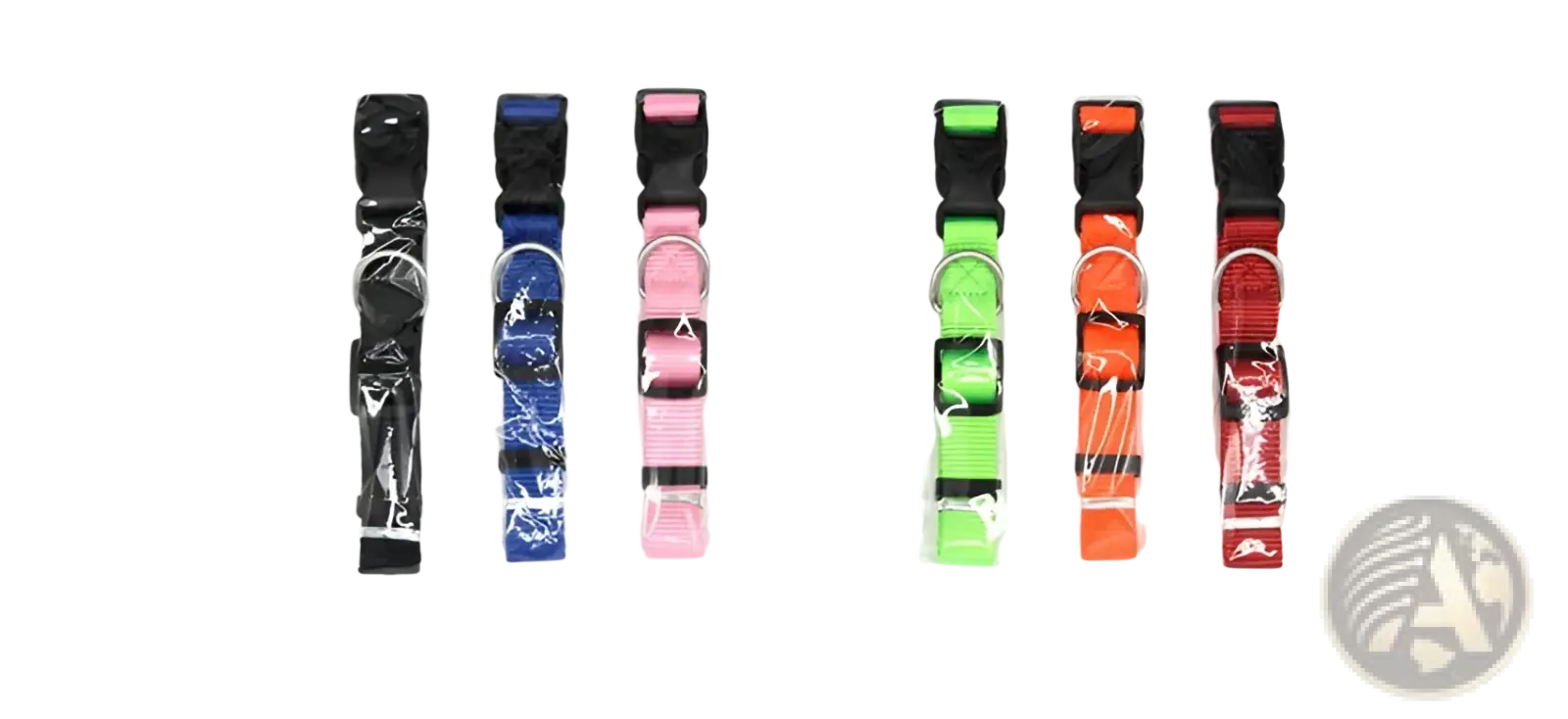 Six colorful adjustable nylon dog collars with plastic buckles and metal d-rings in clear plastic sleeves