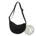 Black nylon dumpling messenger bag with curved crescent shape, adjustable crossbody strap, and zipper closure