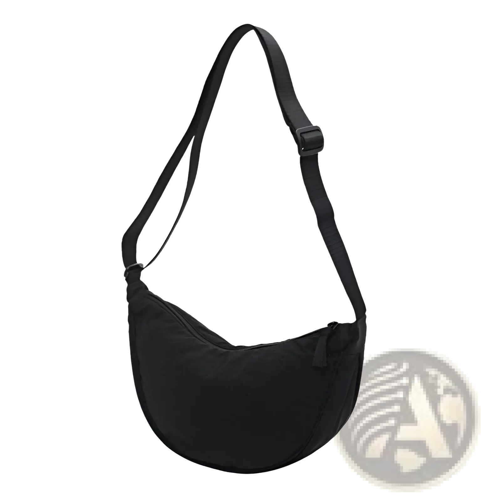 Black nylon dumpling messenger bag with curved crescent shape, adjustable crossbody strap, and zipper closure