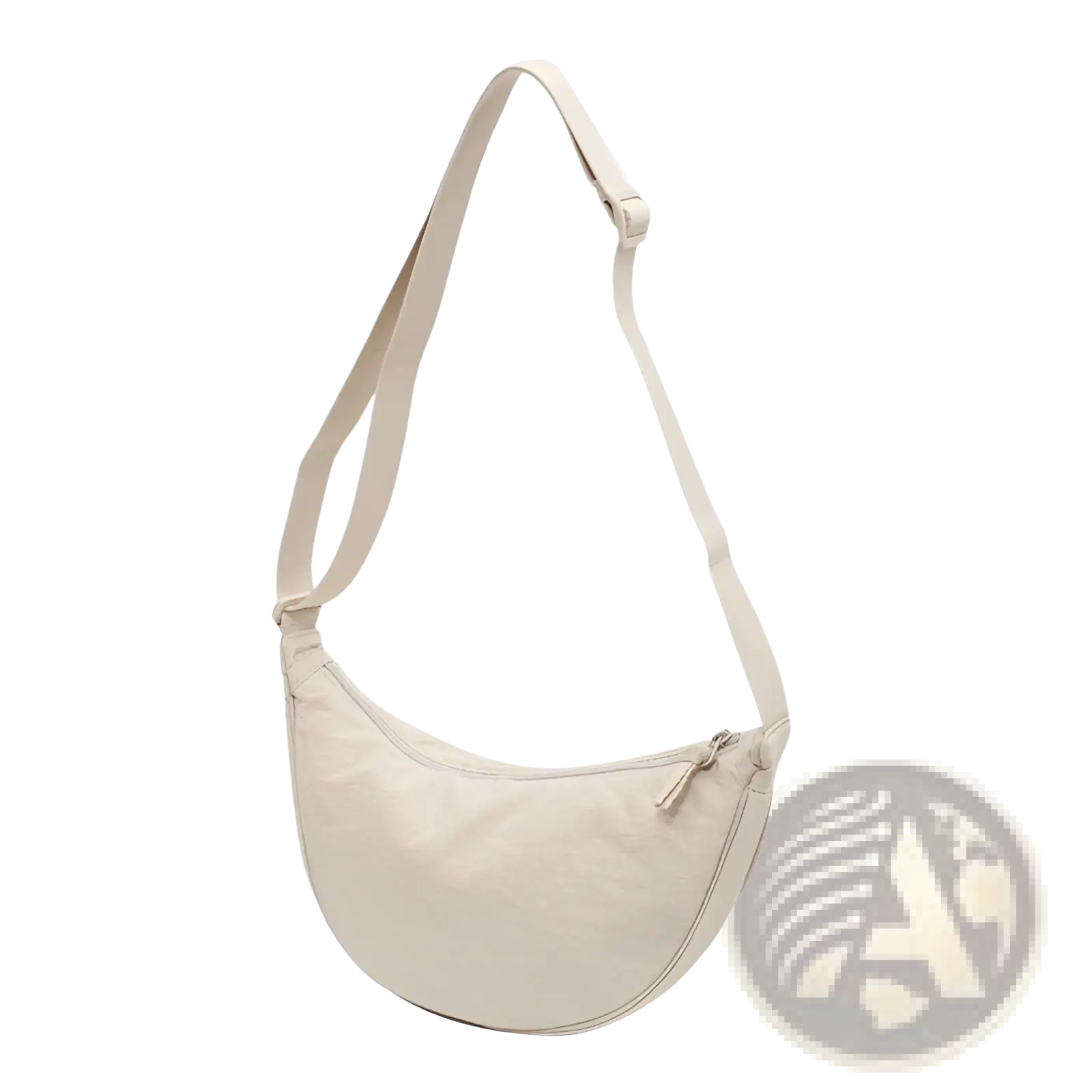 Cream-colored canvas nylon dumpling messenger bag with curved design and adjustable crossbody strap