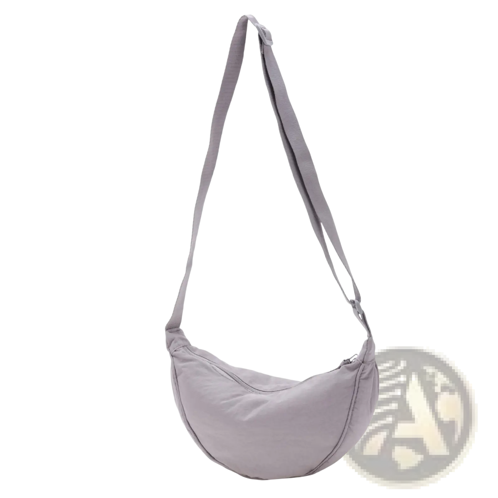 Light gray nylon dumpling messenger bag with a sleek curved crossbody strap and adjustable design