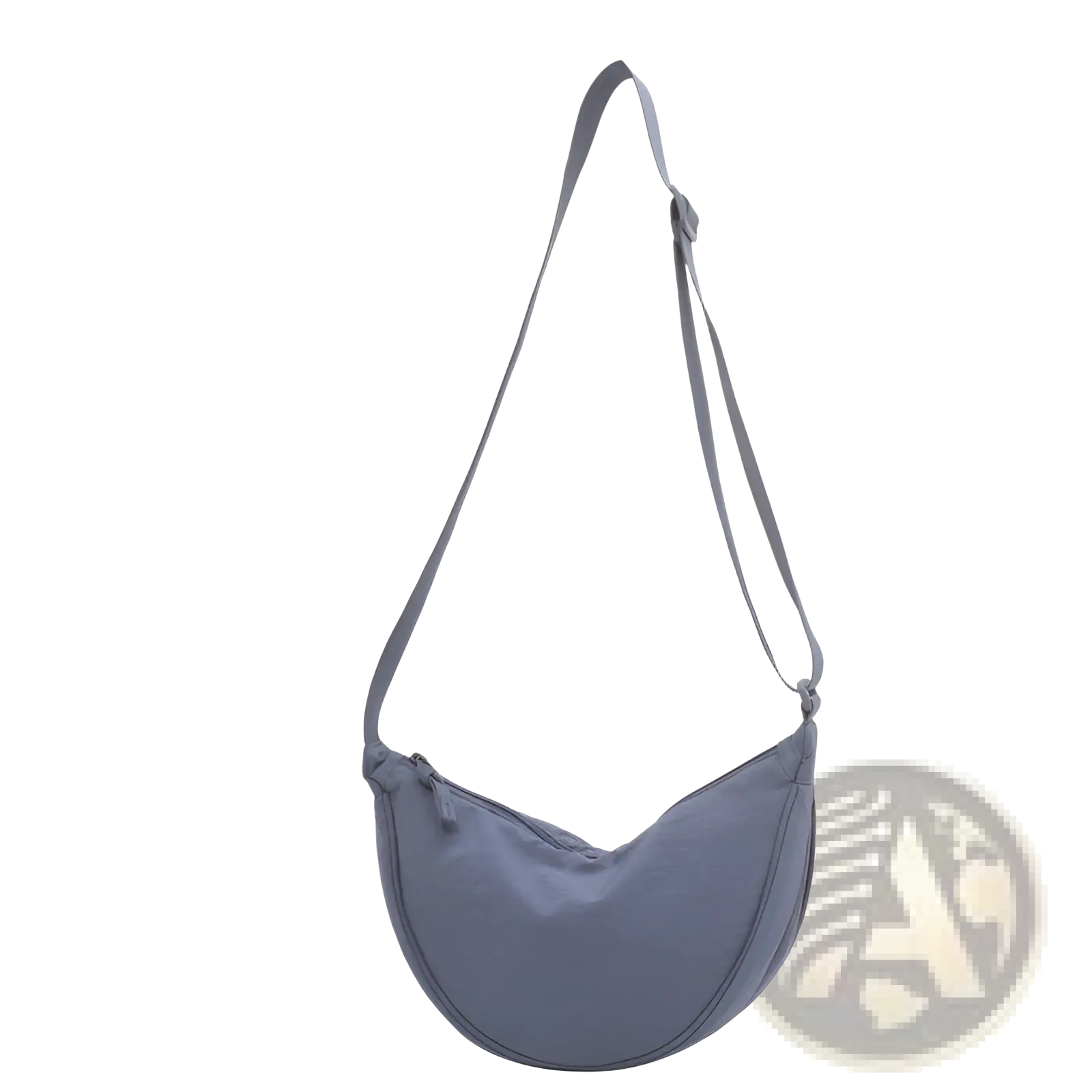 A sleek gray nylon dumpling messenger bag with a curved silhouette and adjustable crossbody strap