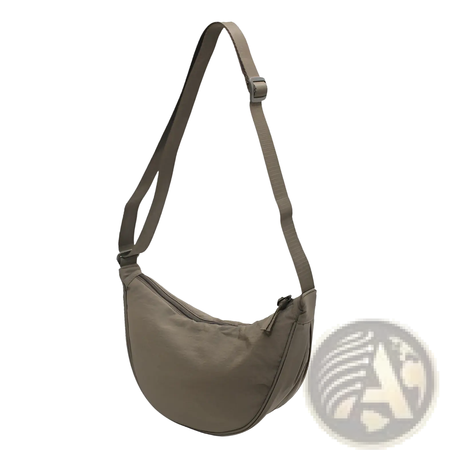 A sleek olive green nylon dumpling messenger bag with a curved crossbody strap and adjustable design