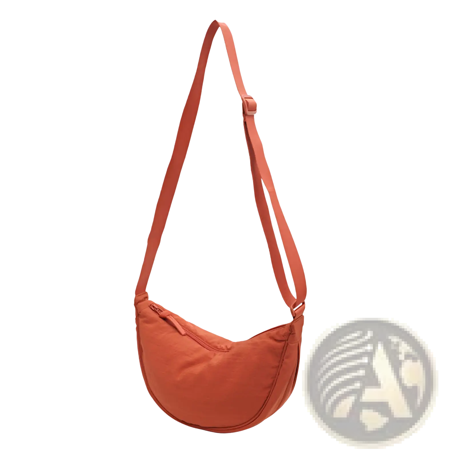 A sleek rust-orange nylon dumpling messenger bag with a curved crossbody strap and subtle stitching details