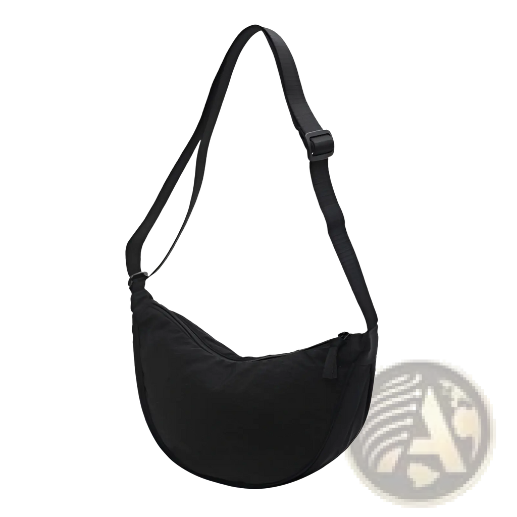 Black nylon dumpling messenger bag with curved crossbody strap adjustable zipper closure for secure carry